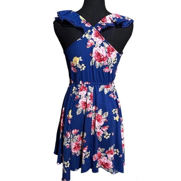 Zunie Blue Floral Jersey Knit Stretch Dress Women's L Large - Picture 5 of 8